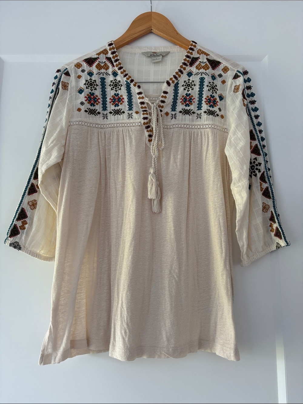 Cream Embroidered Peasant Tunic with Tassel Tie